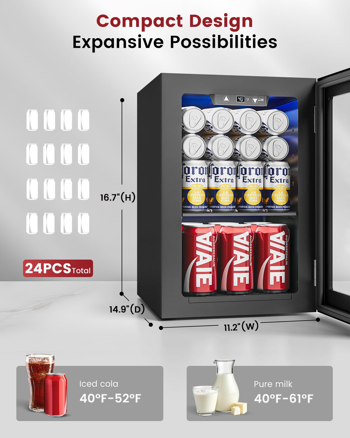 Feelfunn 24 Can Beverage Refrigerator Mini Fridge Black
